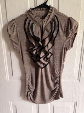 Taupe Ruffle Front Short Sleeve Women's Top